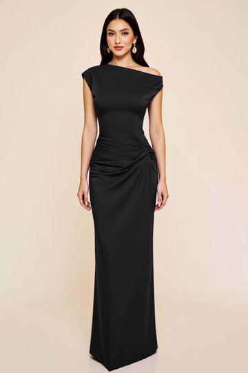 Black Satin Sheath Ruched One Shoulder Long Formal Dress